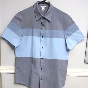 Calvin Klein Men's Blue and Gray Striped Shirt